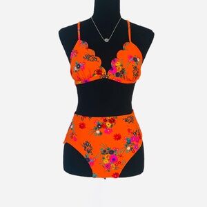 XHILARATION ~ Orange/Red High Waisted Floral Bikini with Scalloped Details